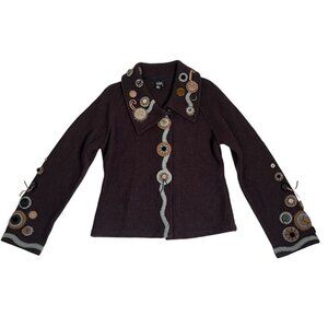 CoVelo sweater jacket women's L brown 100% wool embellished wearable art